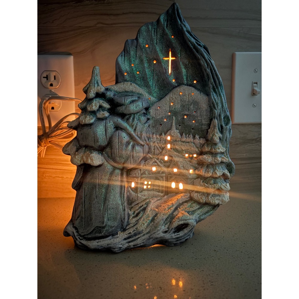 Vintage Ceramic Lighted Christmas Village Mountain Cross Glitter Scene Tabletop